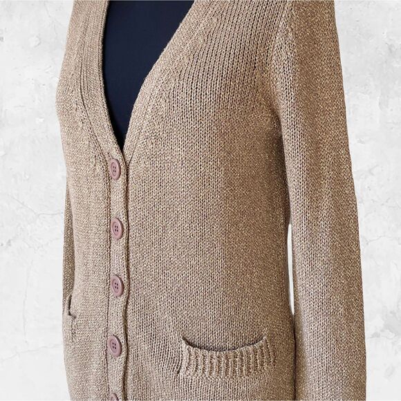 Orvis Metallic Gold Cardigan Sweater Womens Small Linen Blend Pockets - Picture 1 of 9